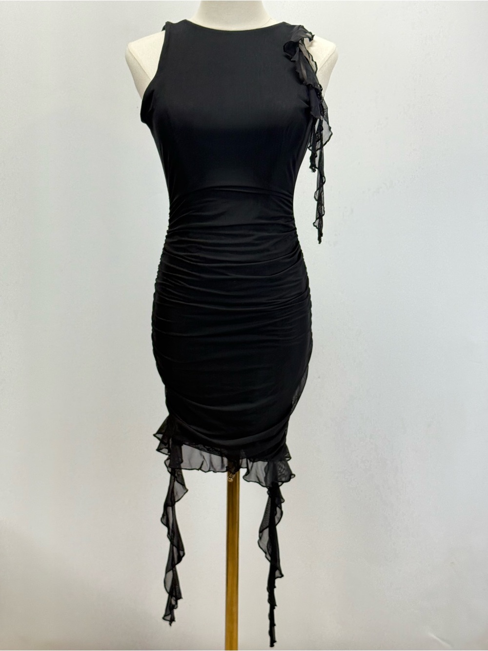 OH POLLY Black Sleeveless Ruffle-Detail Bodycon Mini Dress size 6 - Picture 6 of 15